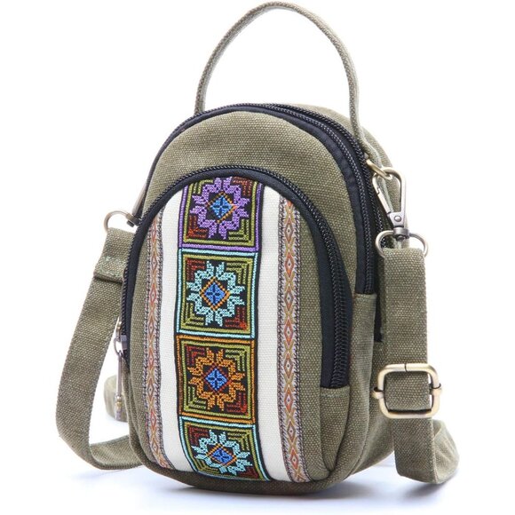 Women's S3 Army Green Vintage Embroidered Cute Mini Cross Body Bag Small Handbag - Picture 1 of 8